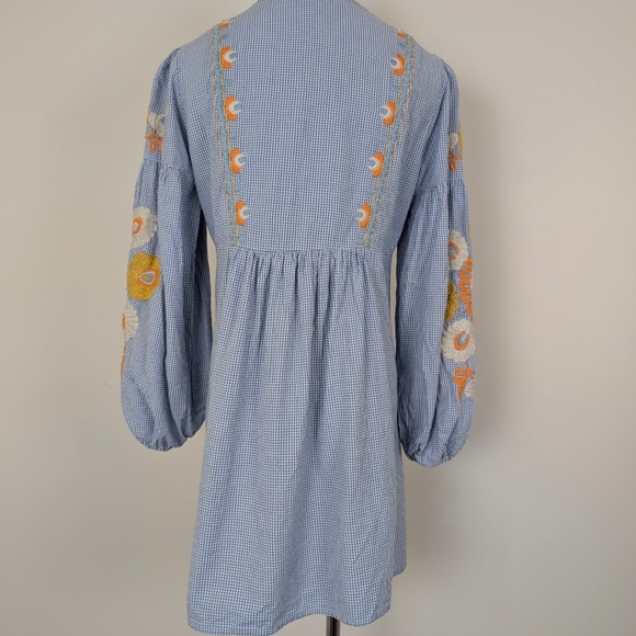 Zara Women Gingham Embroidered Mini Dress Long Sleeve Tassels Lantern Sleeve - Picture 5 of 15